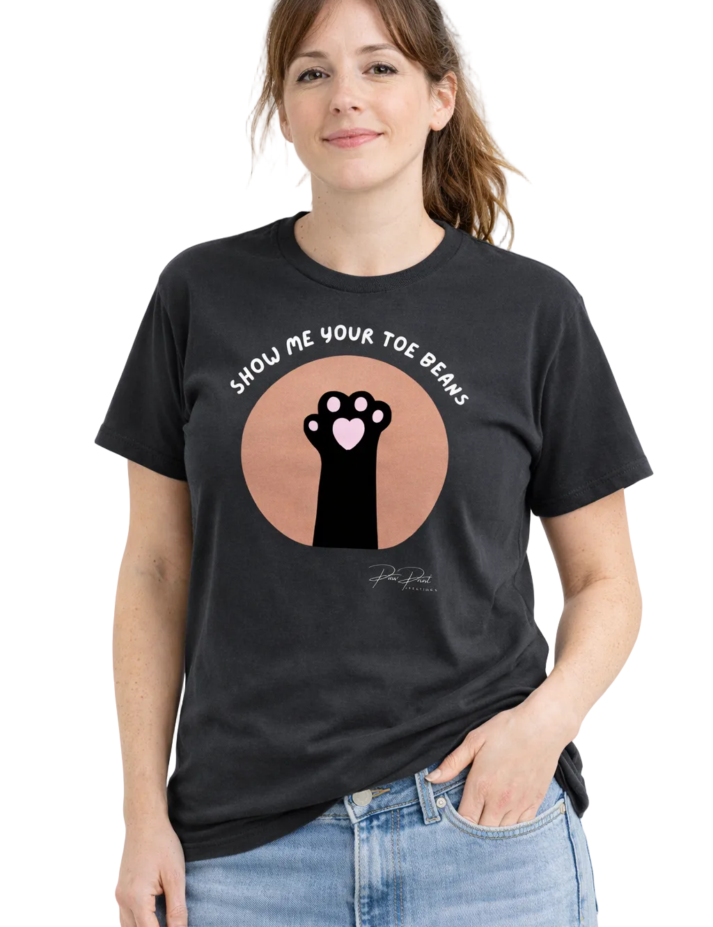 Person wearing a black t-shirt with a graphic design on a white background