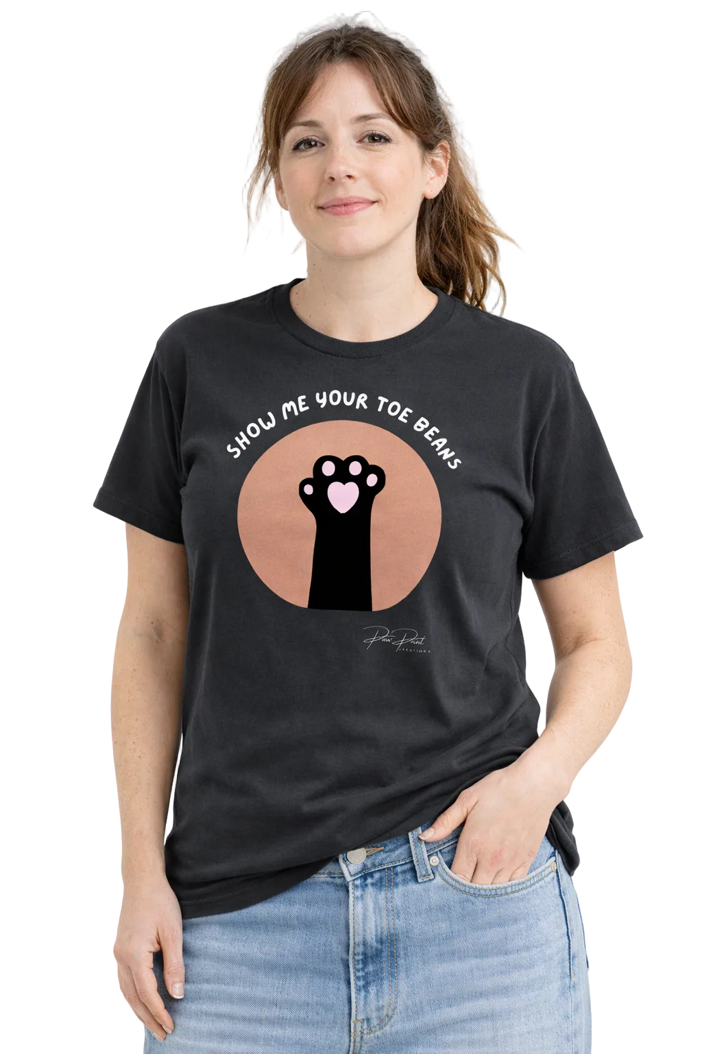 Person wearing a black t-shirt with a graphic design on a white background