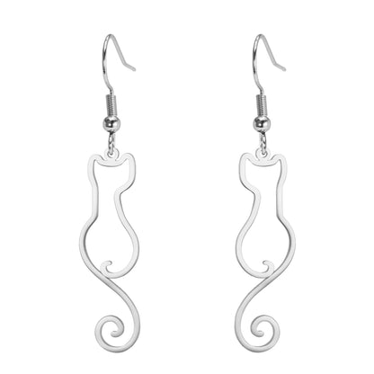 Cat Pendant Drop Earrings - Gold and Silver