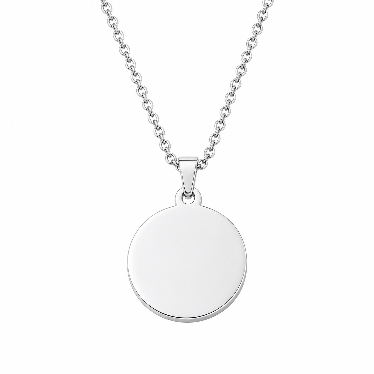 Silver necklace with a round pendant on a white background