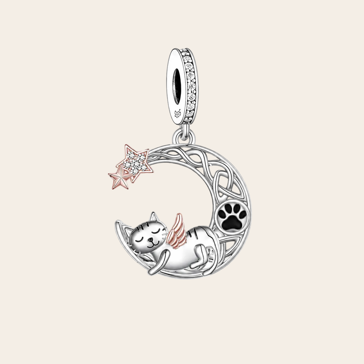A sterling silver dangle charm featuring a sleeping angel cat on a crescent moon, with a rose gold star and paw print detail, shown on a white background with a soft reflection.