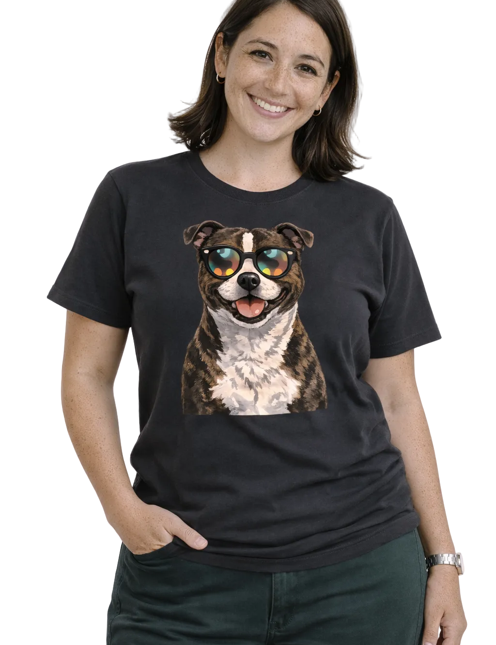 Woman wearing a black t-shirt with a dog graphic and sunglasses on a white background