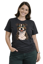 Woman wearing a black t-shirt with a dog graphic and sunglasses on a white background