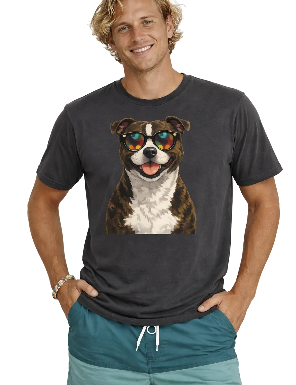 Man wearing a dark gray t-shirt with a dog graphic, standing against a white background