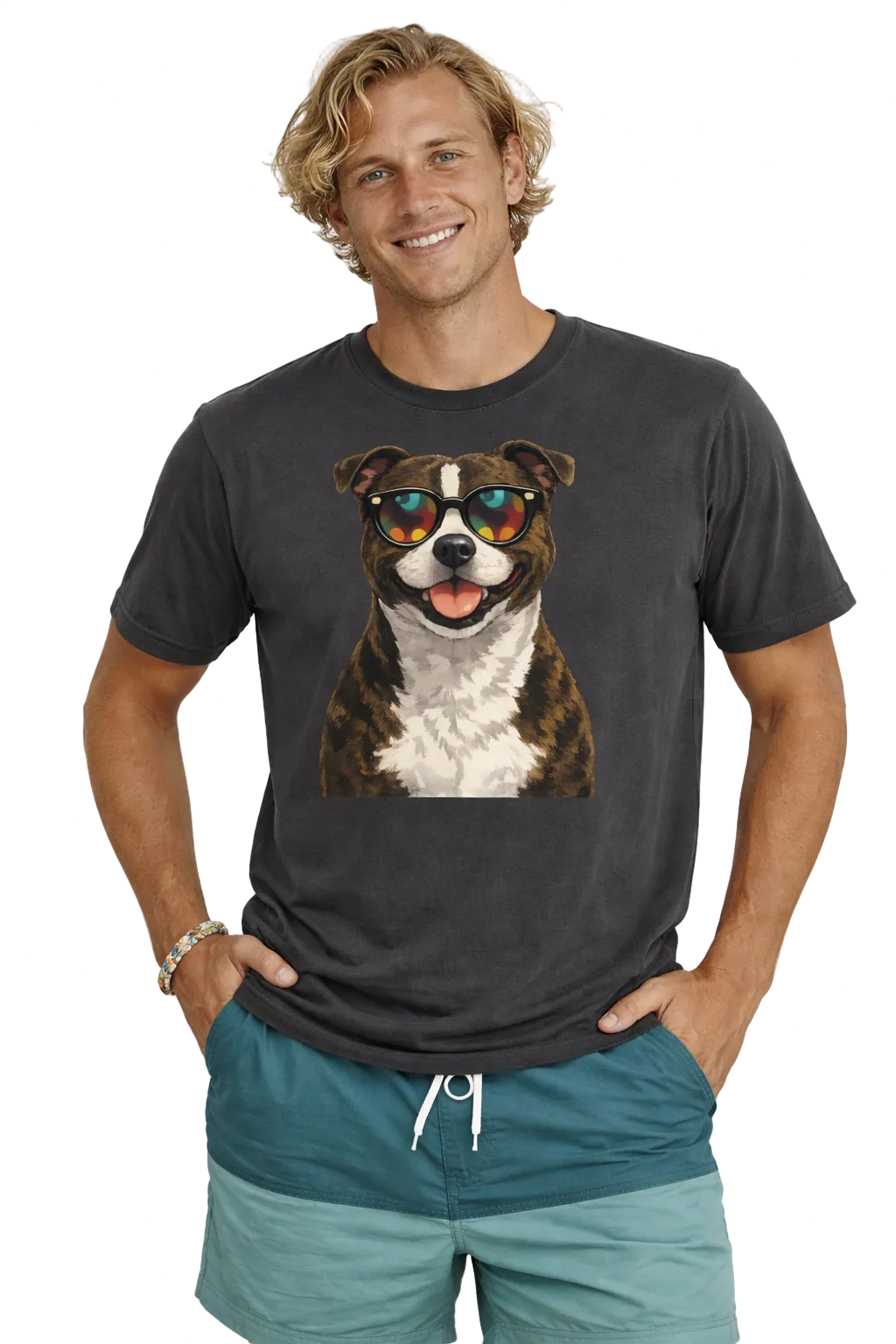Man wearing a dark gray t-shirt with a dog graphic, standing against a white background