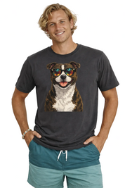 Man wearing a dark gray t-shirt with a dog graphic, standing against a white background