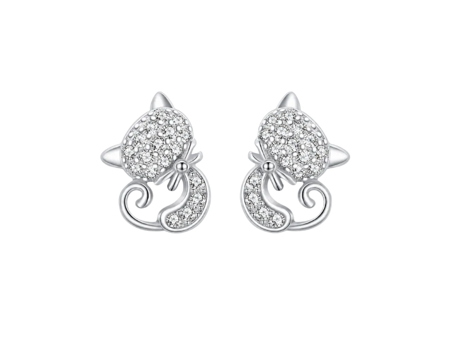 Silver cat-shaped earrings with clear gemstones on a white background