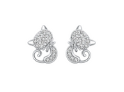 Silver cat-shaped earrings with clear gemstones on a white background