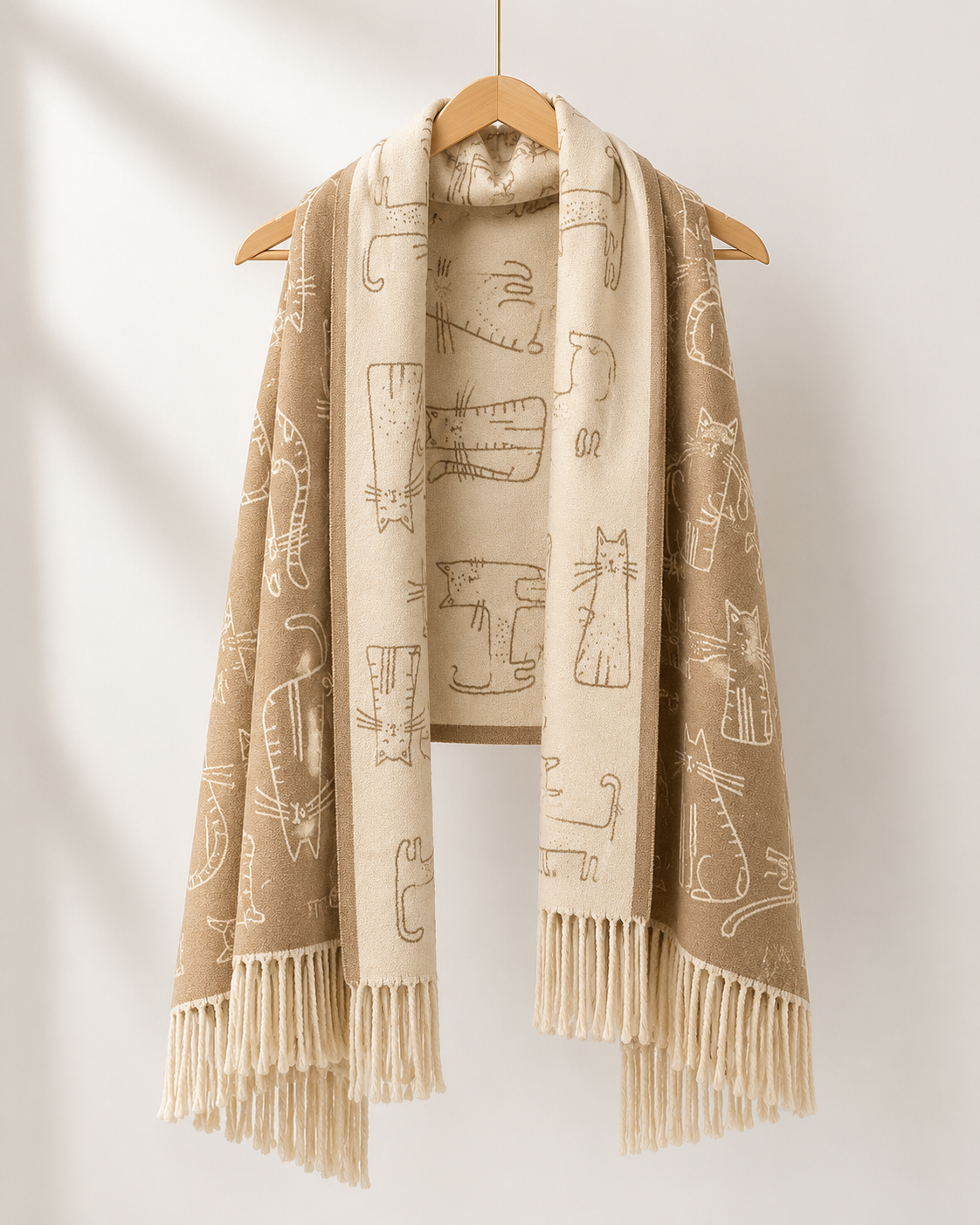 Tan coloured scarf with cat pattern and fringes on a wooden hanger against a light background