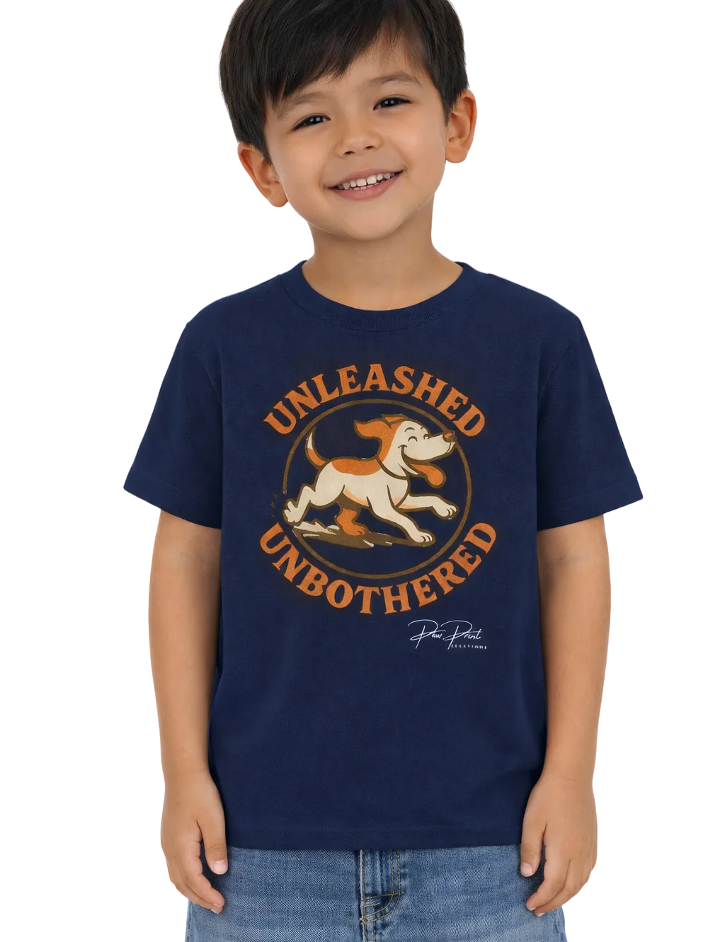 Child wearing a navy blue t-shirt with a graphic design and text on a white background