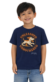Child wearing a navy blue t-shirt with a graphic design and text on a white background