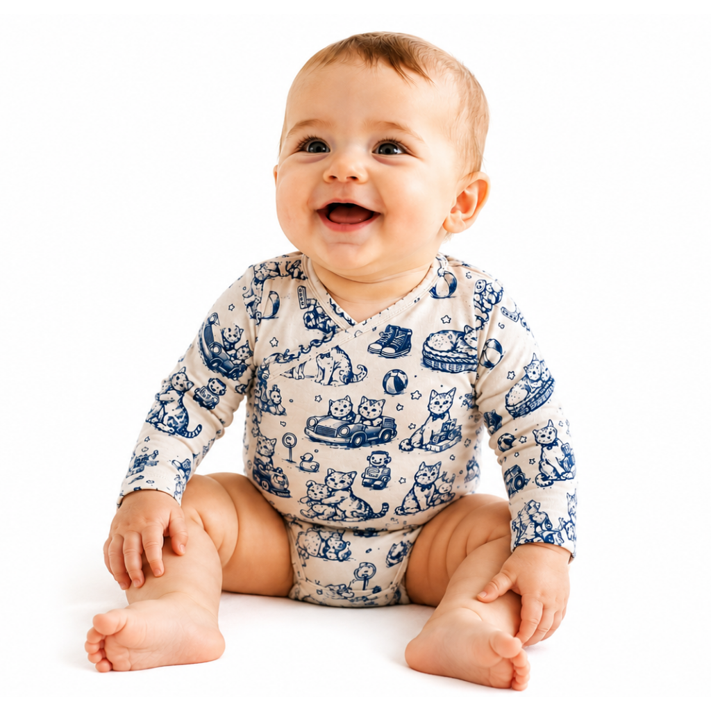 A smiling baby sitting on a white background, wearing a long-sleeve cream-colored bodysuit with a blue cartoon animal print.