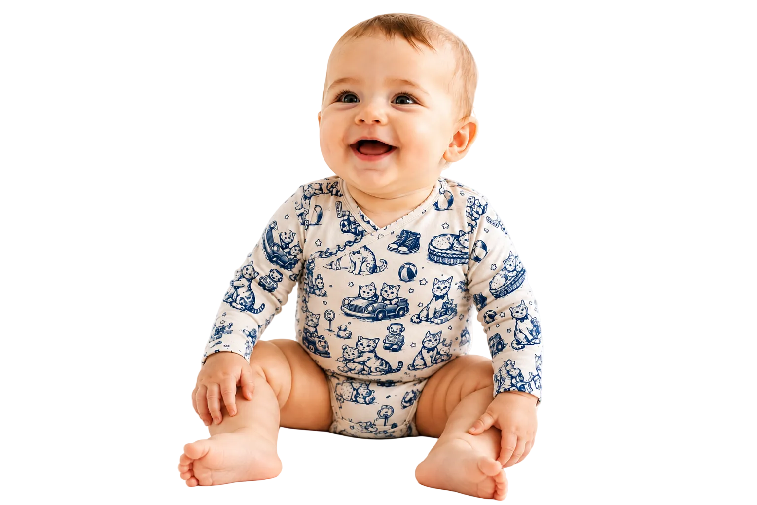 A smiling baby sitting on a white background, wearing a long-sleeve cream-colored bodysuit with a blue cartoon animal print.