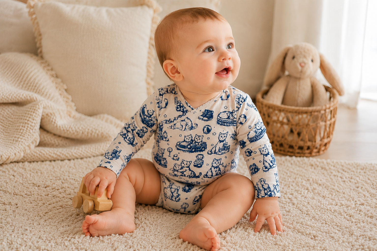 A baby sitting on a cream quilted bed wearing a long-sleeve cream bodysuit with a blue toile pattern of cats and boats. The background features neutral-toned pillows and a plush bunny toy.