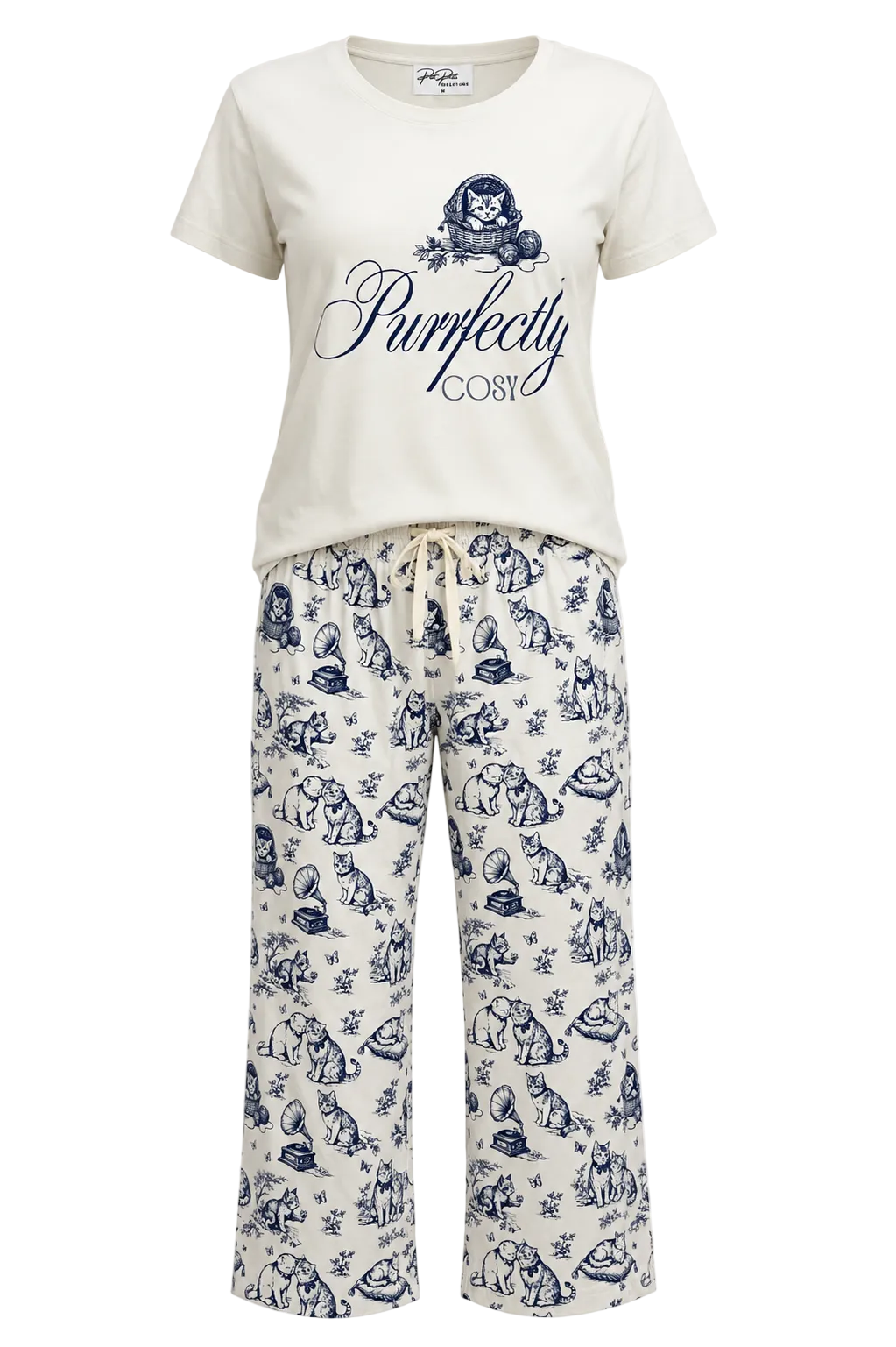 A two-piece pajama set from Purfectly Cosy featuring an off-white short-sleeve t-shirt with a navy blue graphic print and matching wide-leg pants with a navy blue dog pattern, shown against a plain white background.