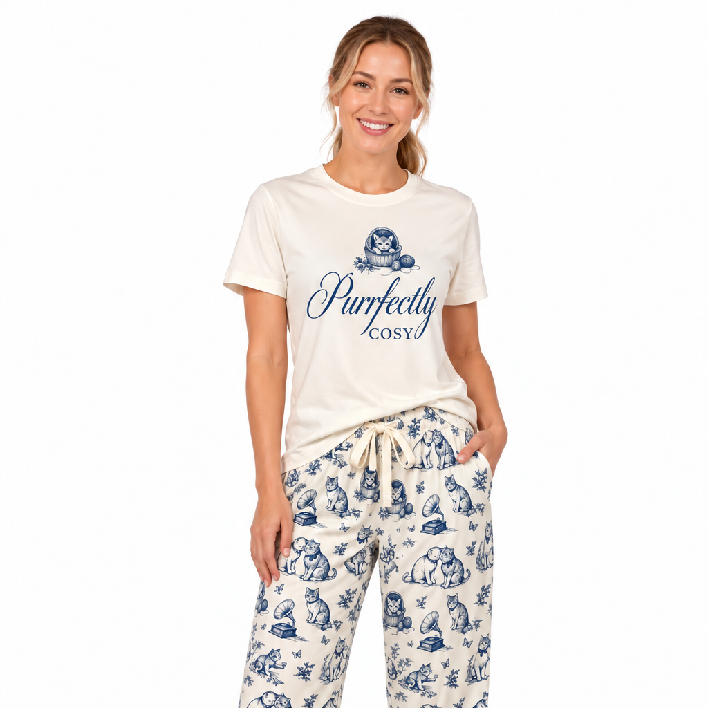 A woman modeling a two-piece pajama set consisting of an off-white t-shirt with a navy blue graphic print and matching wide-leg pants with a navy blue toile-style pattern, against a plain white background.