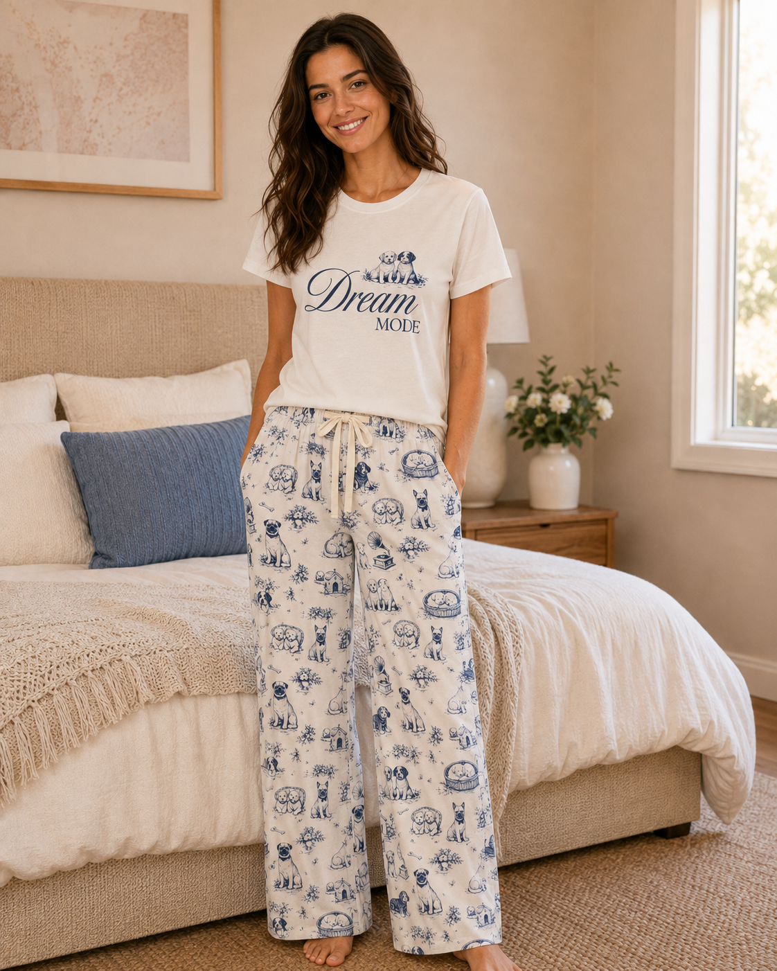 A woman stands in a bedroom wearing a white pajama set with a blue graphic print. The set includes a short-sleeve T-shirt that reads 'Dream Mode' and matching wide-leg pants with a blue toile-style pattern.