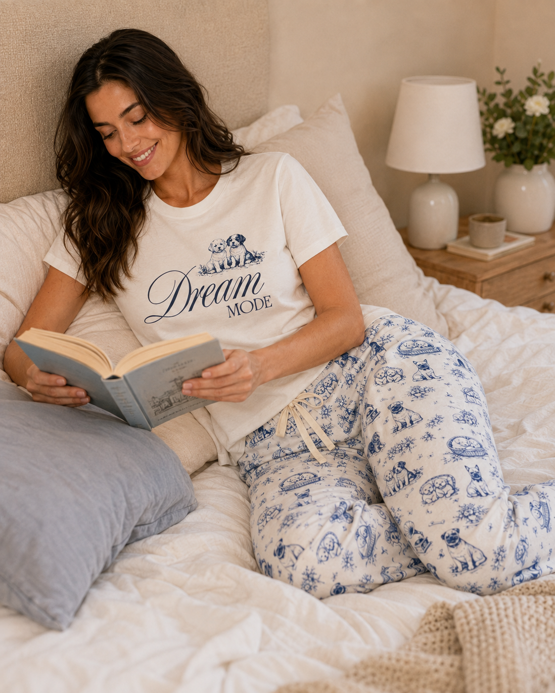 A woman relaxes on a bed reading a book, wearing a white graphic t-shirt that says 'Dream MODE' and matching white pajama pants with a blue toile-style print.