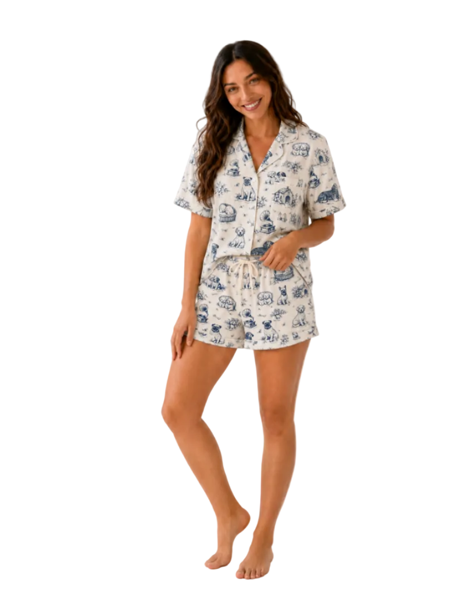 A woman modeling a matching short-sleeve button-front pajama top and shorts set with a blue toile-style print on an off-white background, photographed against a clean white studio backdrop.