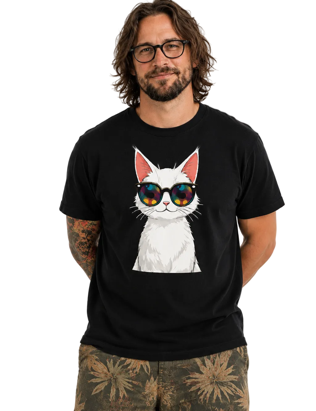 Man wearing a black t-shirt with a cat graphic and sunglasses on a white background
