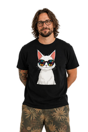 Man wearing a black t-shirt with a cat graphic and sunglasses on a white background