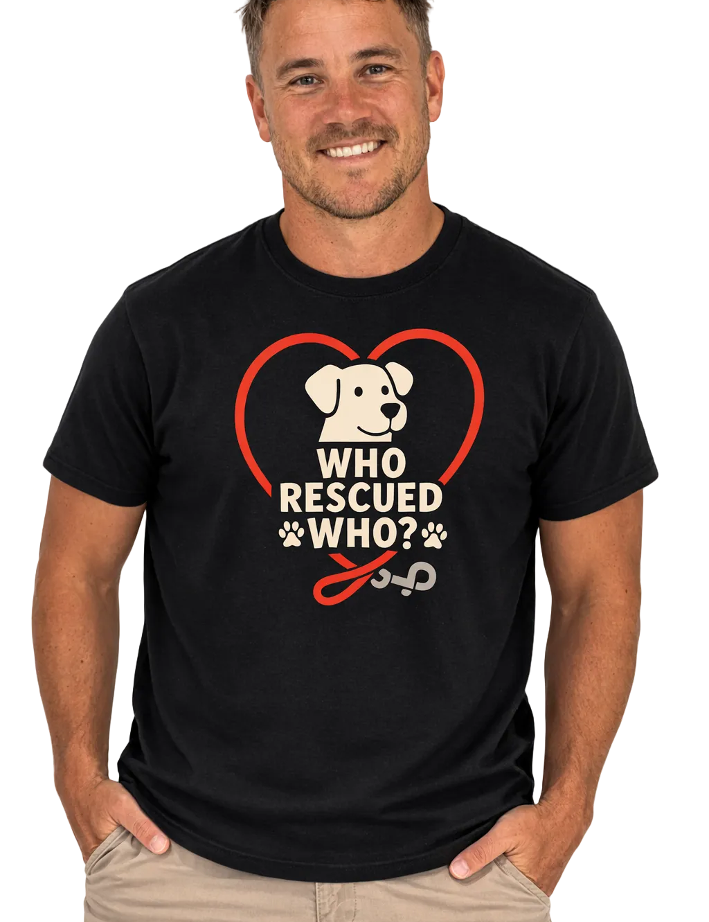 Man wearing a black t-shirt with a heart-shaped graphic and text on a white background