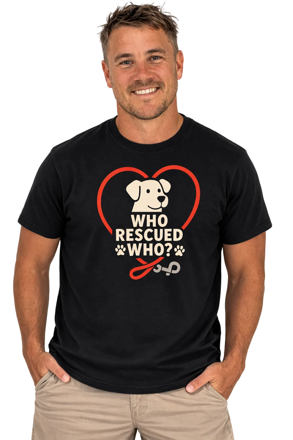Man wearing a black t-shirt with a heart-shaped graphic and text on a white background