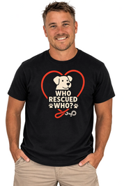 Man wearing a black t-shirt with a heart-shaped graphic and text on a white background