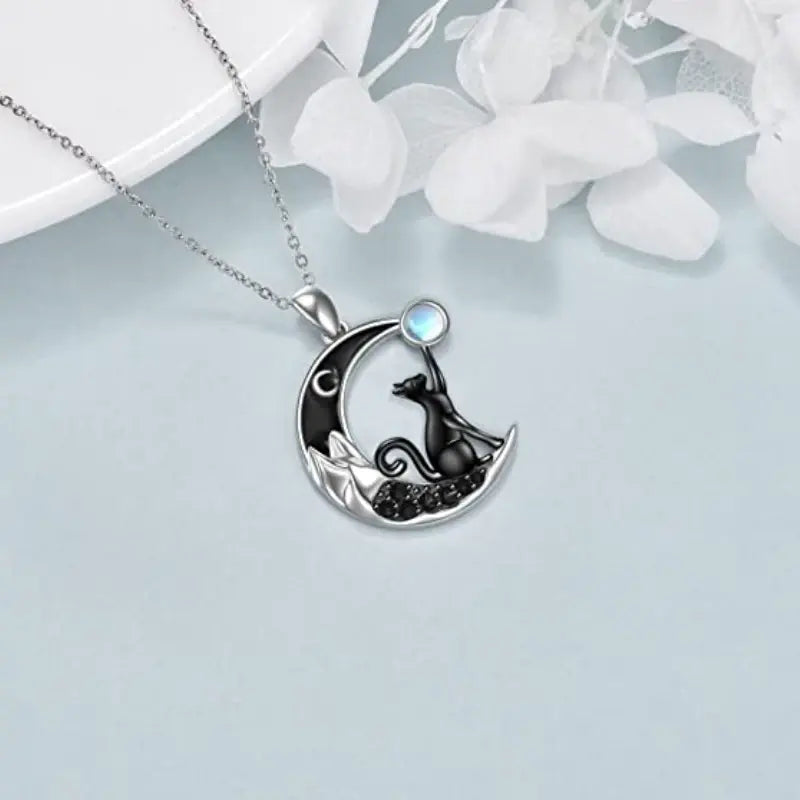 Moonstone Black Cat Necklace
