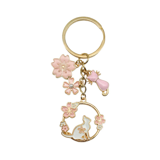 Pink Cat Cherry Blossom Keychain