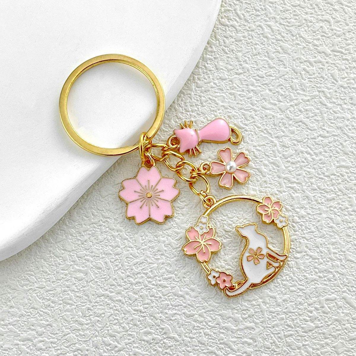 Pink Cat Cherry Blossom Keychain
